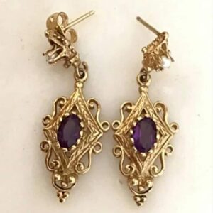 Pair of 14K Yellow Gold Dangle style Amethyst and Pearl Vintage Earrings with 14K Posts and Earring backs for fastening